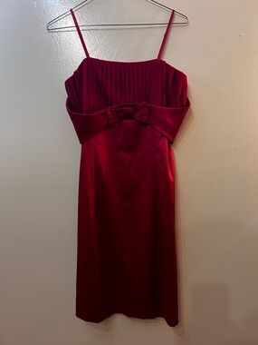 Celine Strapless Pleated Bodice Red Satin Dress with Bow